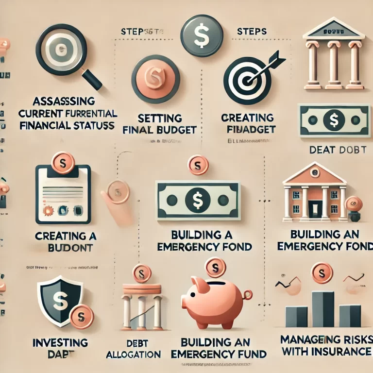Infographic detailing seven steps to achieve financial independence, including assessing financial status, setting goals, budgeting, eliminating debt, building an emergency fund, investing and asset allocation, and risk management with insurance.