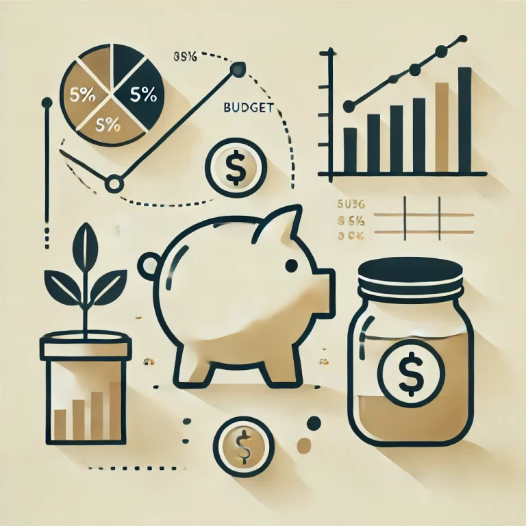 Illustration of financial management concepts with piggy bank, budget chart, and savings jar, emphasizing wealth building and risk management.