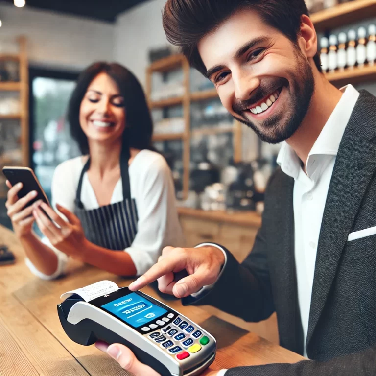 A business owner using a digital payment terminal with a customer tapping their phone in a modern store setting, showcasing mobile payment convenience.