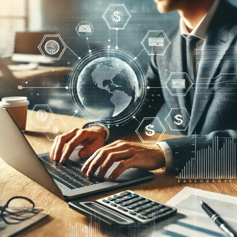 A business person using a laptop in a modern office, analyzing digital payment solutions or fintech data, with a professional desk setup in the background.