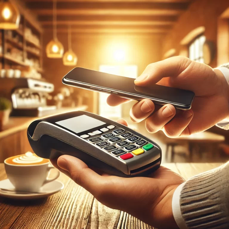 A person using a smartphone for a digital payment at a coffee shop, holding the phone over a payment terminal in a warm, real-world setting.