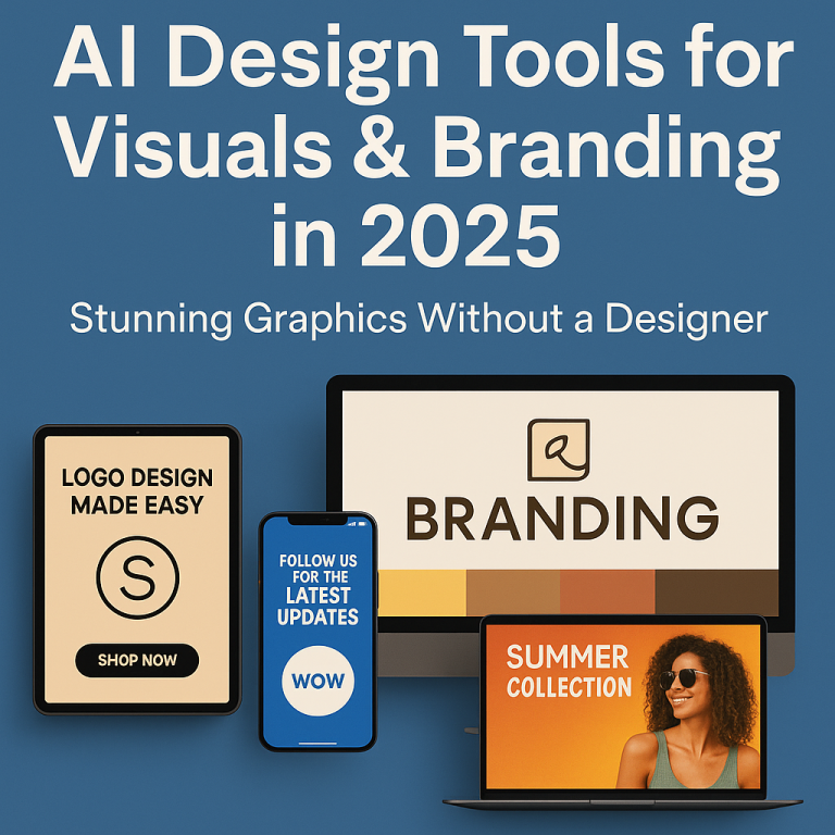 Flat-style promotional image showing AI-powered design tools including logo generators, branding kits, and social media templates for creators and businesses
