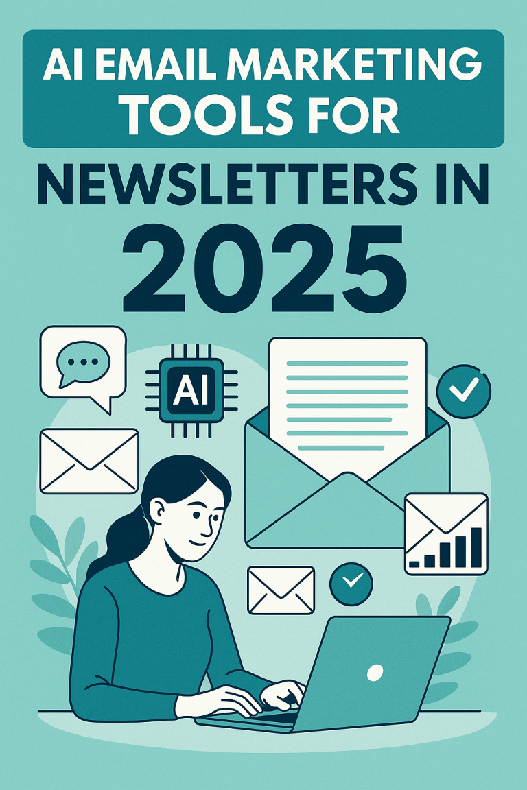 Infographic illustrating AI email marketing tools for 2025, showing automated newsletter writing, subject line generation, and smart email delivery