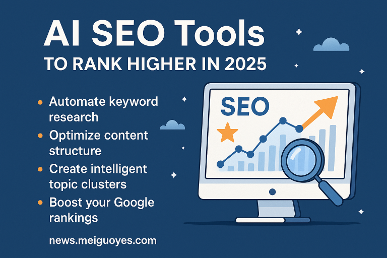 Digital infographic showing AI SEO tools optimizing website ranking with keywords, SERP graphs, and GPT automation