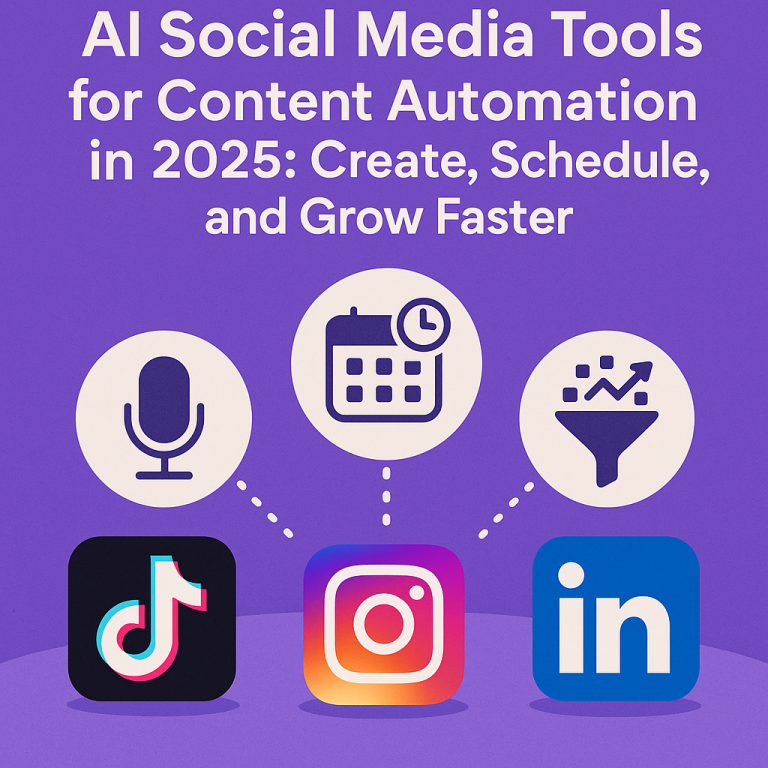 AI social media automation tools for 2025 – content scheduling, creation, and analytics icons connected to TikTok, Instagram, and LinkedIn logos