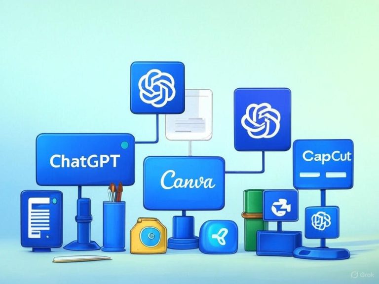 Illustration showing beginner-friendly AI tools like ChatGPT, Canva, and CapCut with icons, flow diagrams, and smiling users