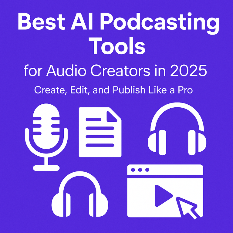 Best AI Podcasting Tools for Audio Creators in 2025 – Microphone, document, headphones and publishing icons on a purple background
