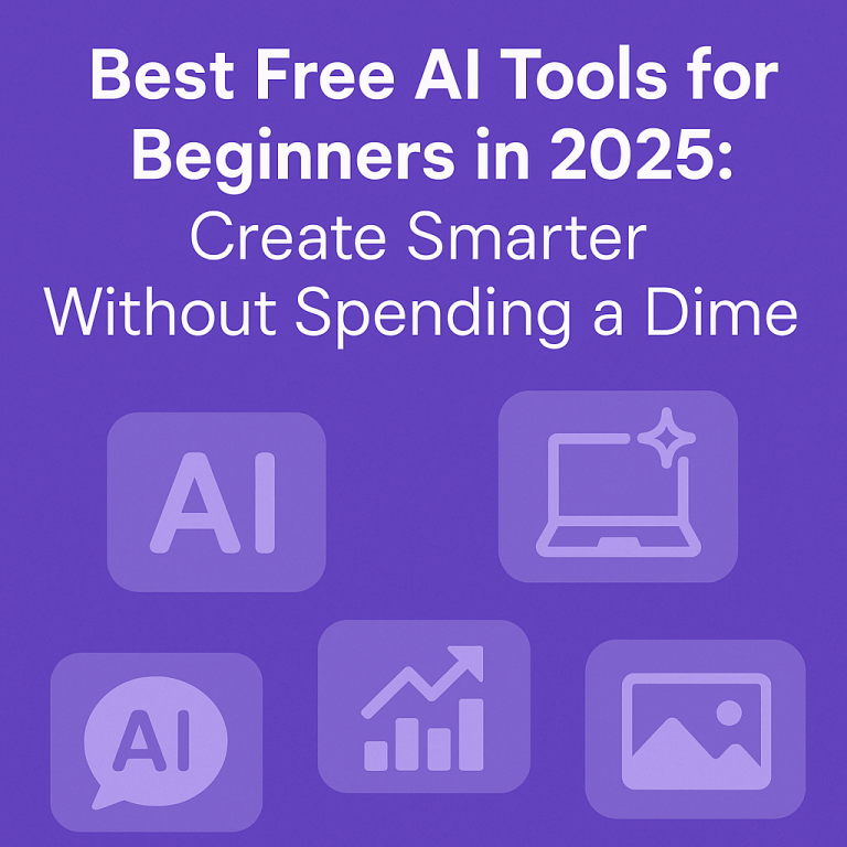 Best free AI tools for beginners – illustration with icons of writing, design, and video tools in a green background