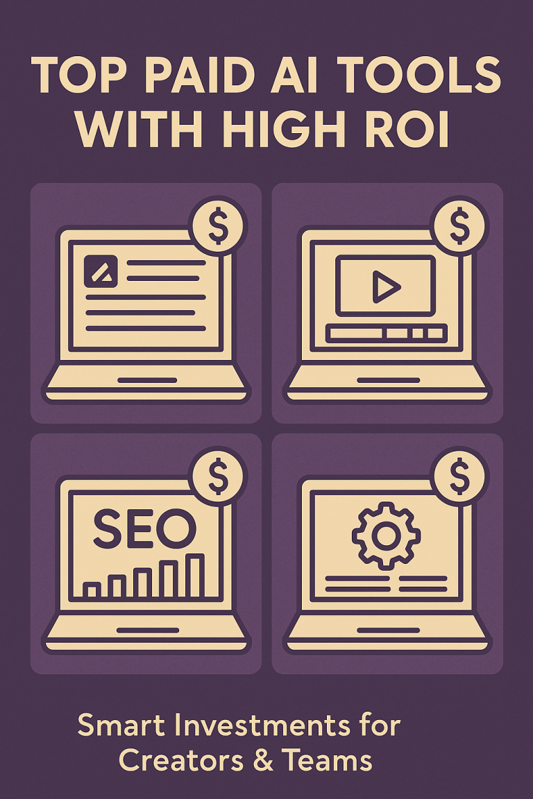 Illustration of top paid AI tools for 2025 – analytics, ROI, and automation icons on a dark-blue background