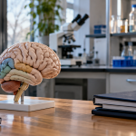 AI illustration of a teaching brain model and closed folders in a generic research laboratory setting.