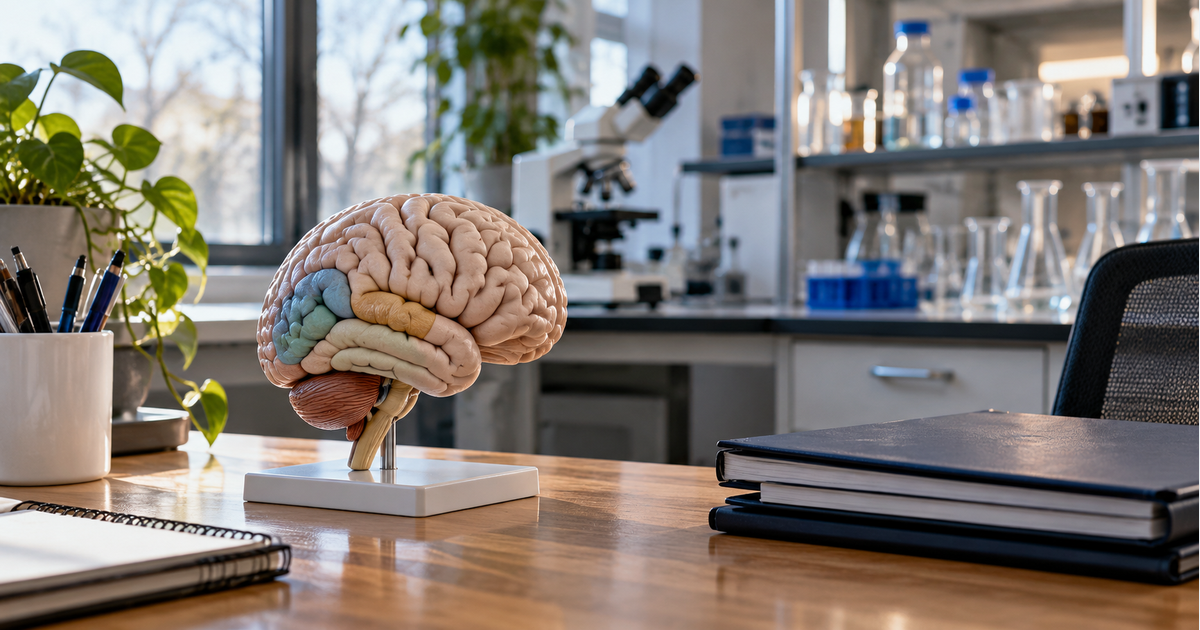 AI illustration of a teaching brain model and closed folders in a generic research laboratory setting.