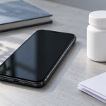 AI illustration of a smartphone with a dark blank screen beside a plain closed medicine container and papers.
