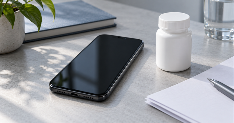 AI illustration of a smartphone with a dark blank screen beside a plain closed medicine container and papers.