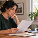 A woman reads a plain document beside a laptop and notebook at a naturally lit table.