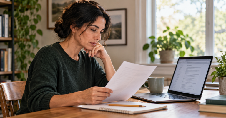A woman reads a plain document beside a laptop and notebook at a naturally lit table.