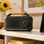 Unbranded charcoal-and-yellow radio beside a dark-screen phone on a light shelf