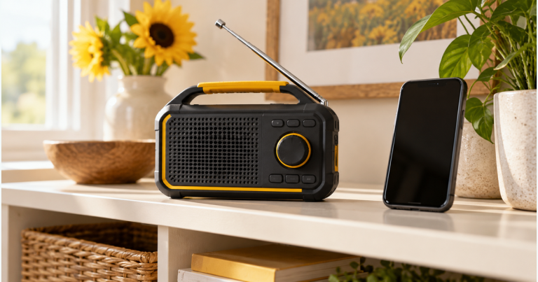 Unbranded charcoal-and-yellow radio beside a dark-screen phone on a light shelf