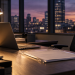 An open laptop, plain papers in a clear sleeve and a desk lamp at an empty workstation at dusk