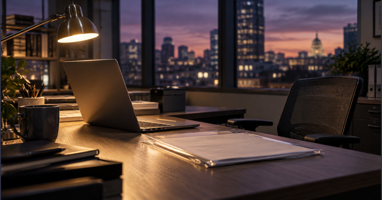 An open laptop, plain papers in a clear sleeve and a desk lamp at an empty workstation at dusk